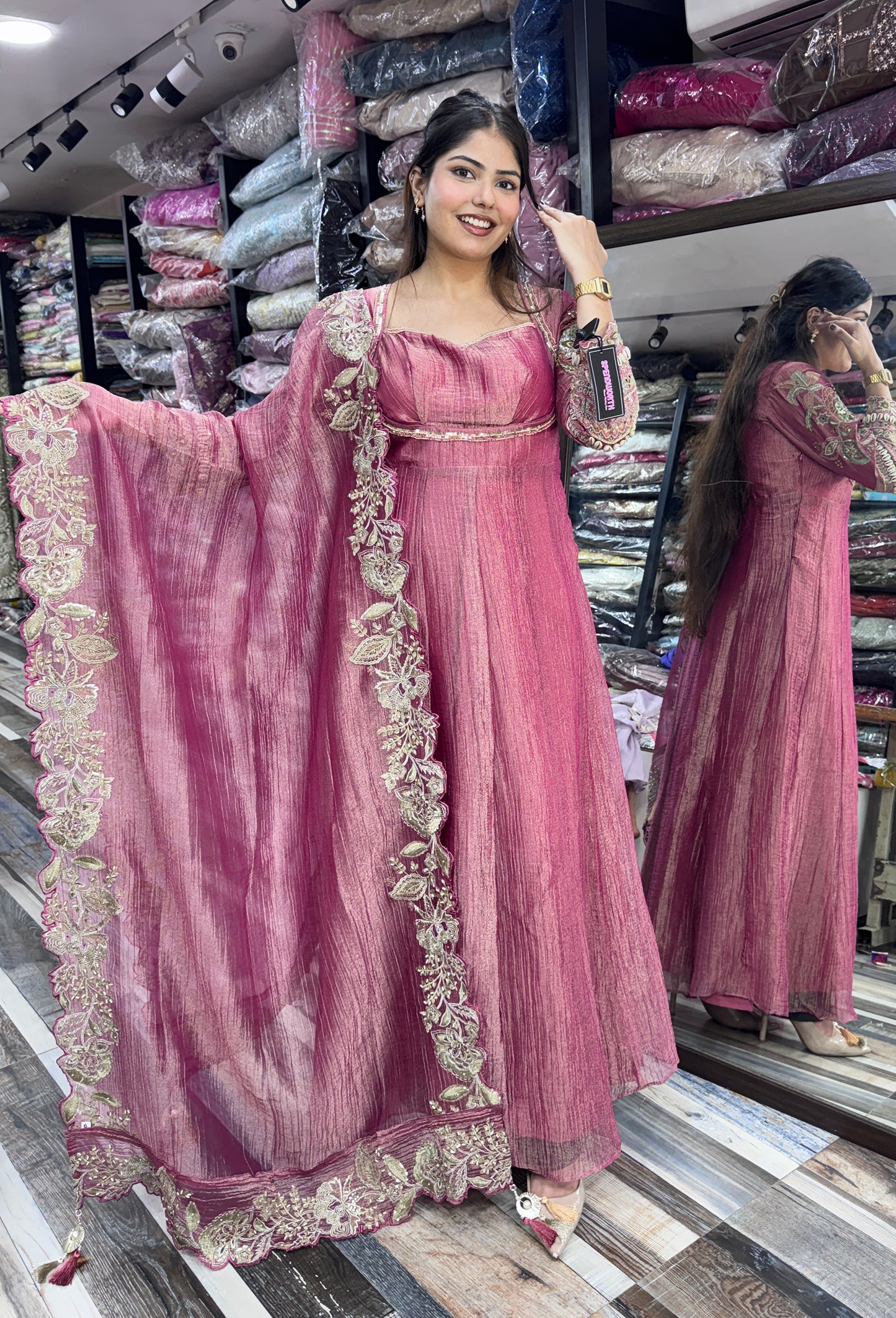 Designer Chinnon silk Fabric Yoke Anarkali Dress with Embroidered Dupatta