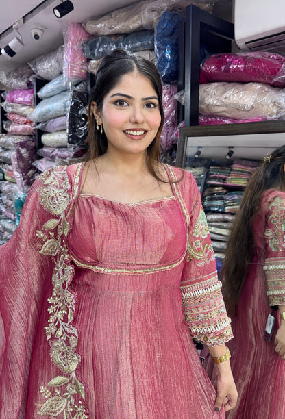 Designer Chinnon silk Fabric Yoke Anarkali Dress with Embroidered Dupatta