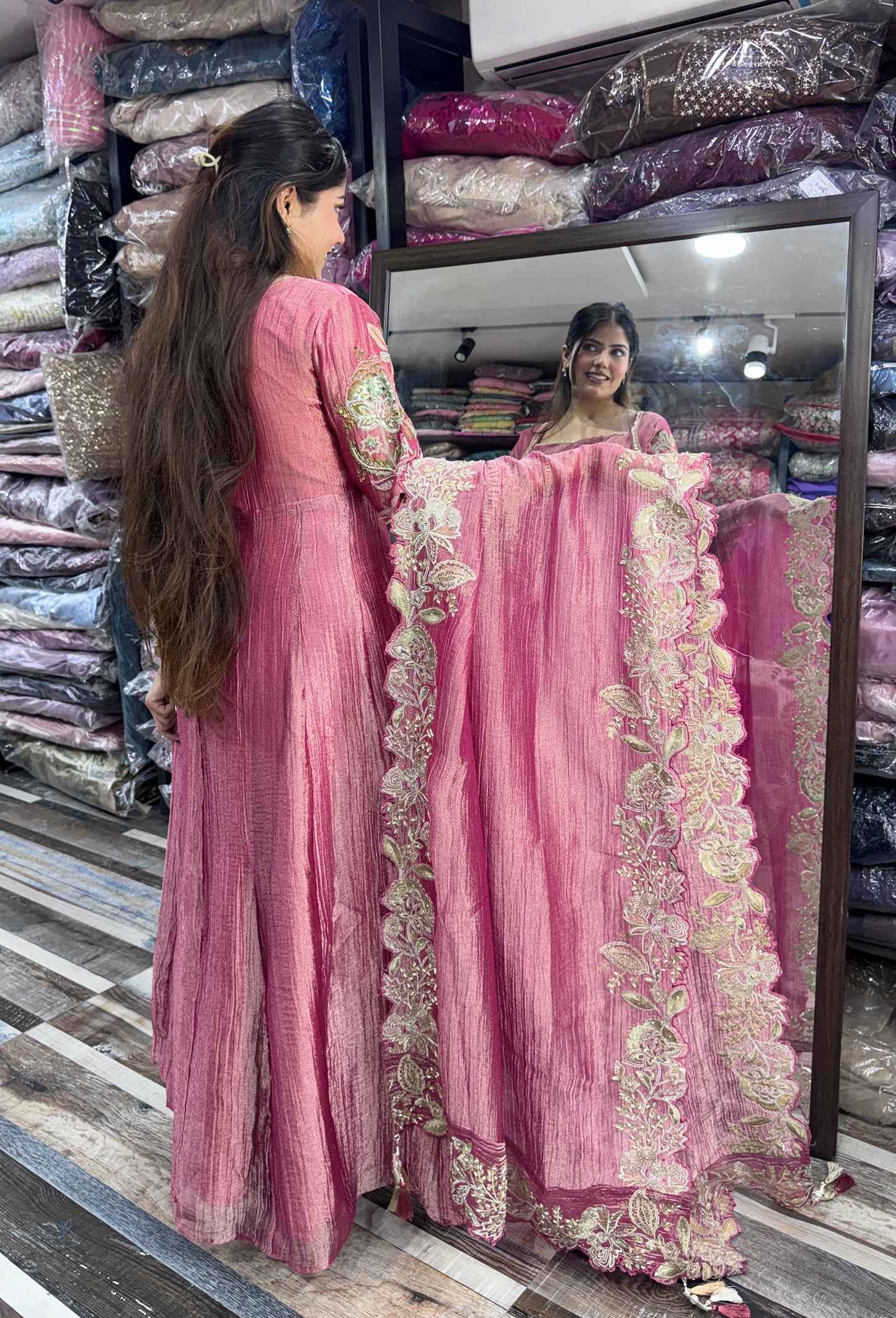 Designer Chinnon silk Fabric Yoke Anarkali Dress with Embroidered Dupatta