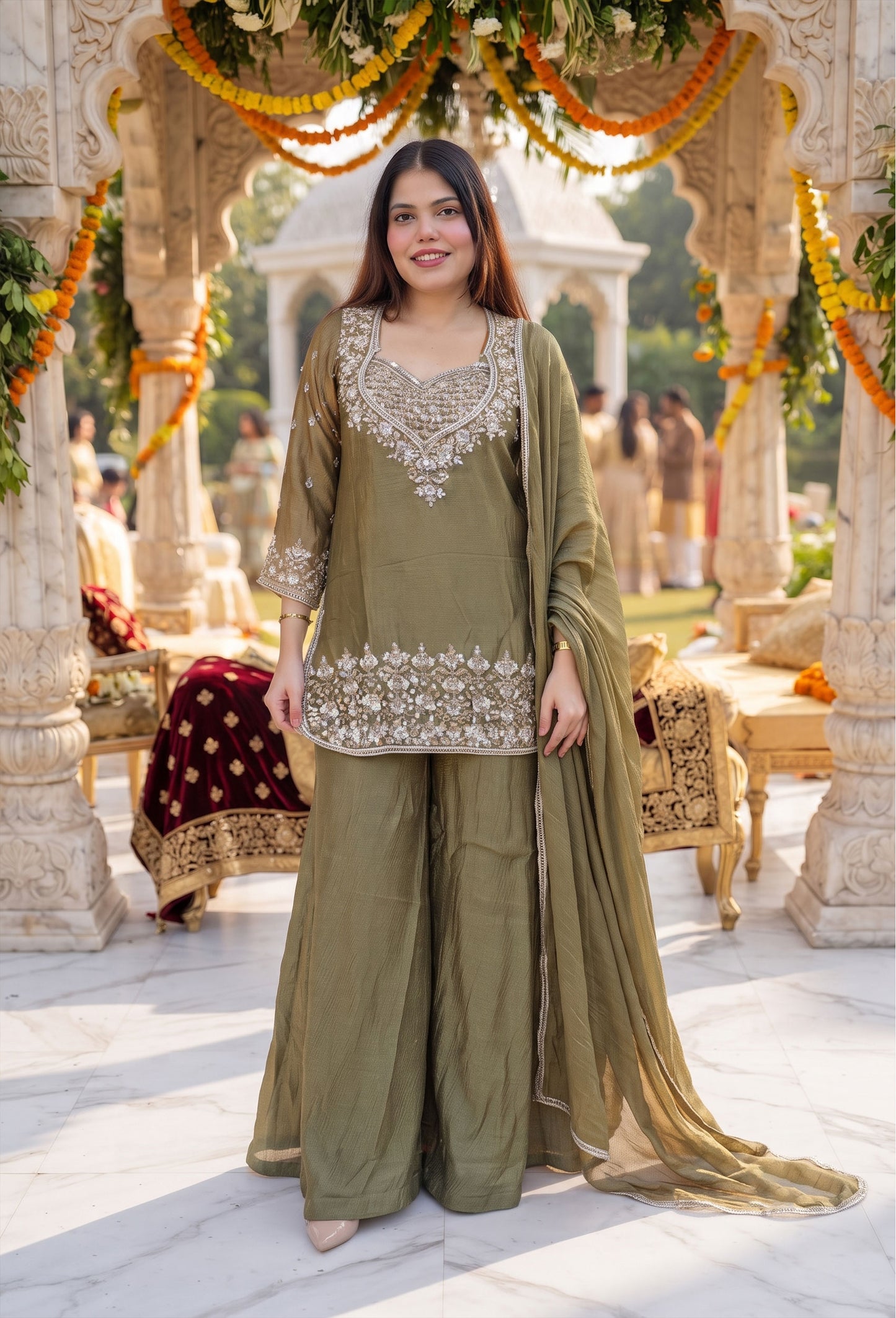 Designer Cord-Set Suit with Bustier & Dupatta in Chinnon Silk