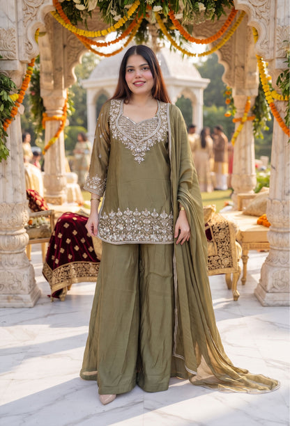 Designer Cord-Set Suit with Bustier & Dupatta in Chinnon Silk