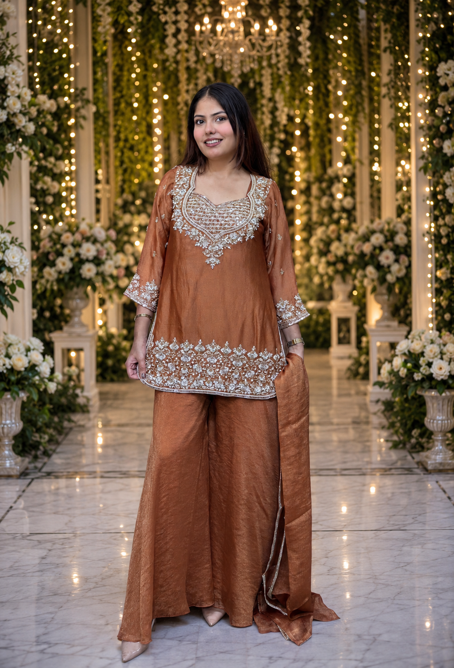 Designer Cord-Set Suit with Bustier & Dupatta in Chinnon Silk