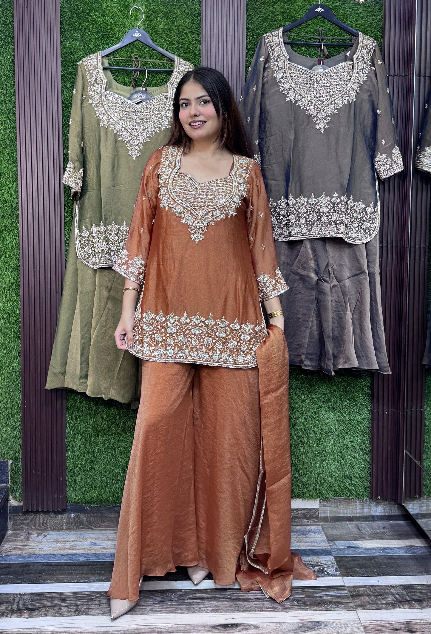 Designer Cord-Set Suit with Bustier & Dupatta in Chinnon Silk
