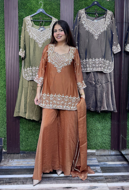 Designer Cord-Set Suit with Bustier & Dupatta in Chinnon Silk