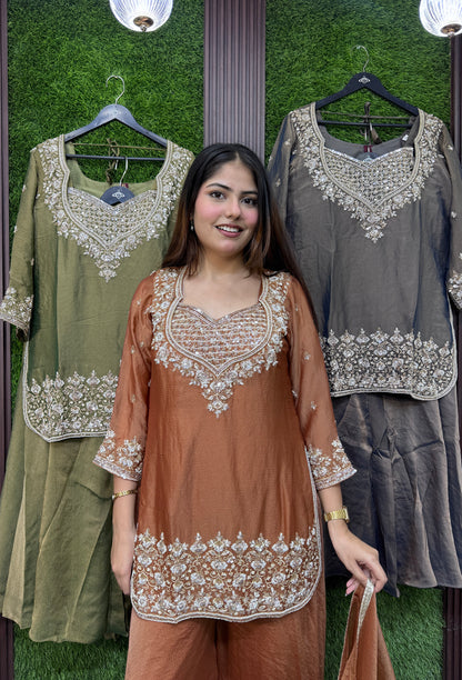 Designer Cord-Set Suit with Bustier & Dupatta in Chinnon Silk