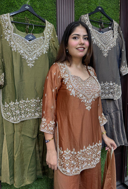 Designer Cord-Set Suit with Bustier & Dupatta in Chinnon Silk