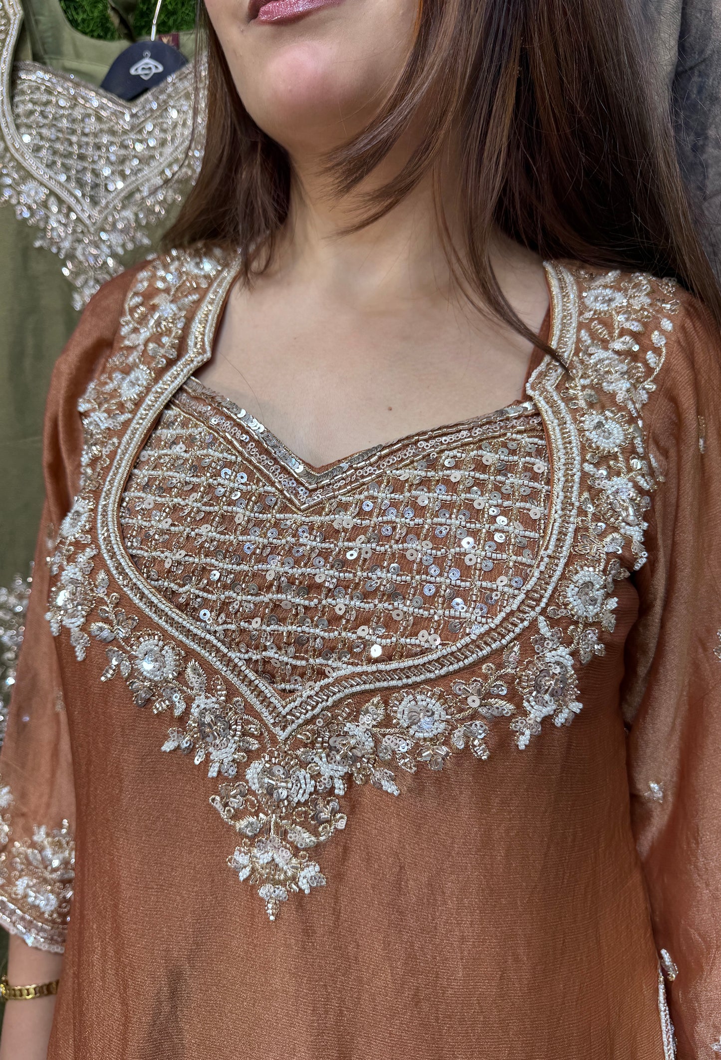 Designer Cord-Set Suit with Bustier & Dupatta in Chinnon Silk