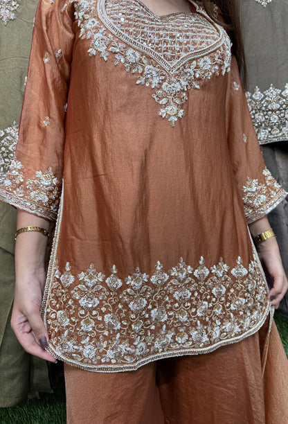 Designer Cord-Set Suit with Bustier & Dupatta in Chinnon Silk