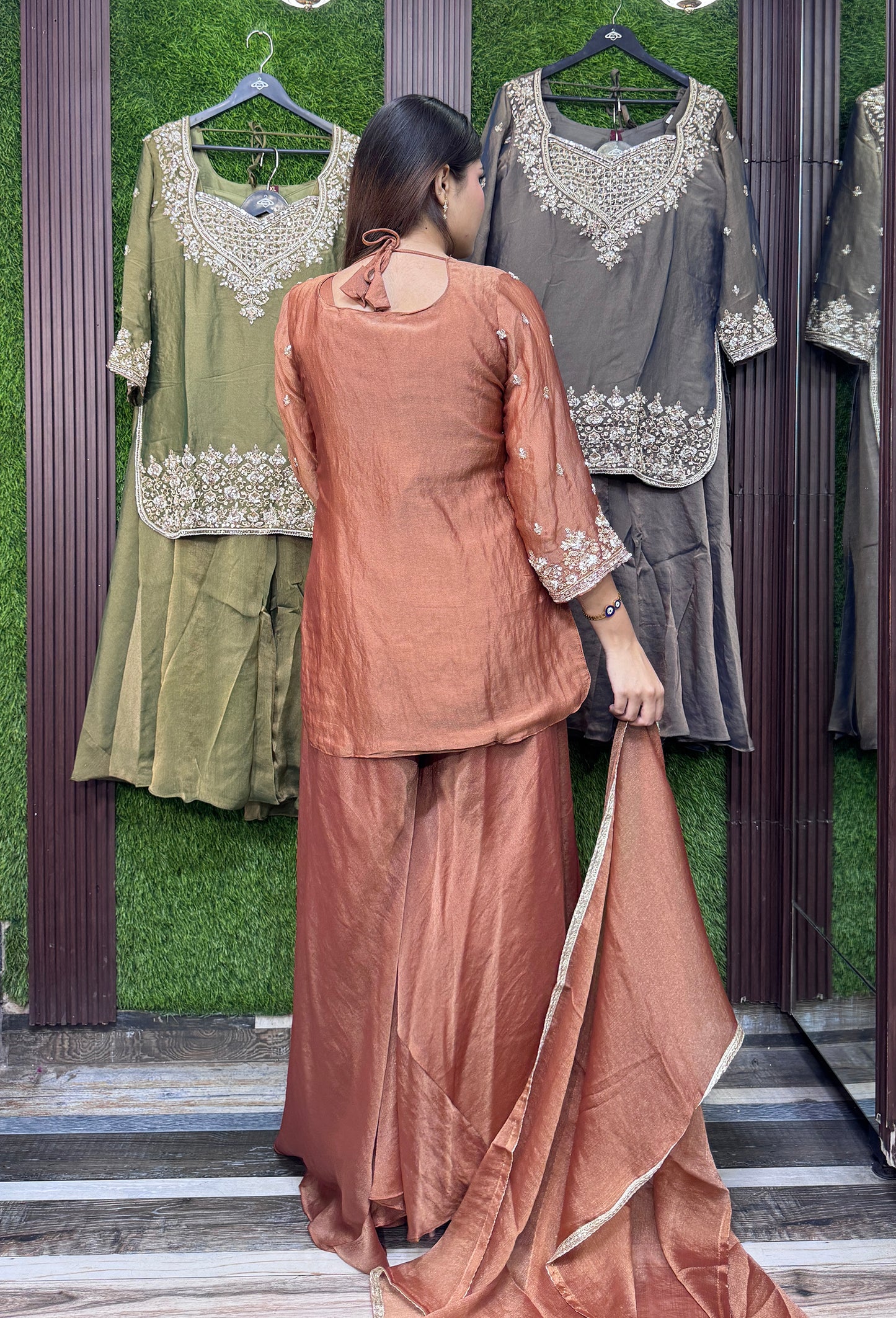 Designer Cord-Set Suit with Bustier & Dupatta in Chinnon Silk
