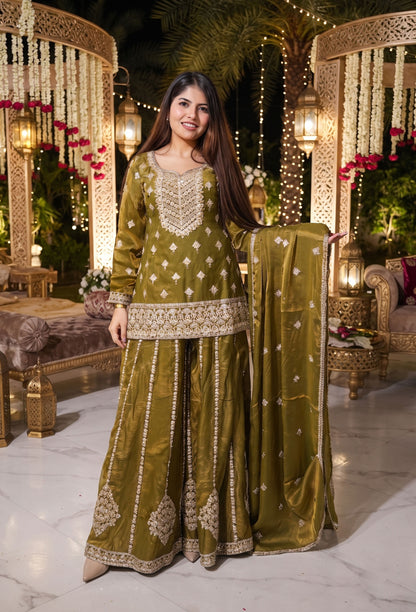 Pure Shimmer Tissue Heavy Embroidered Sharara Suit