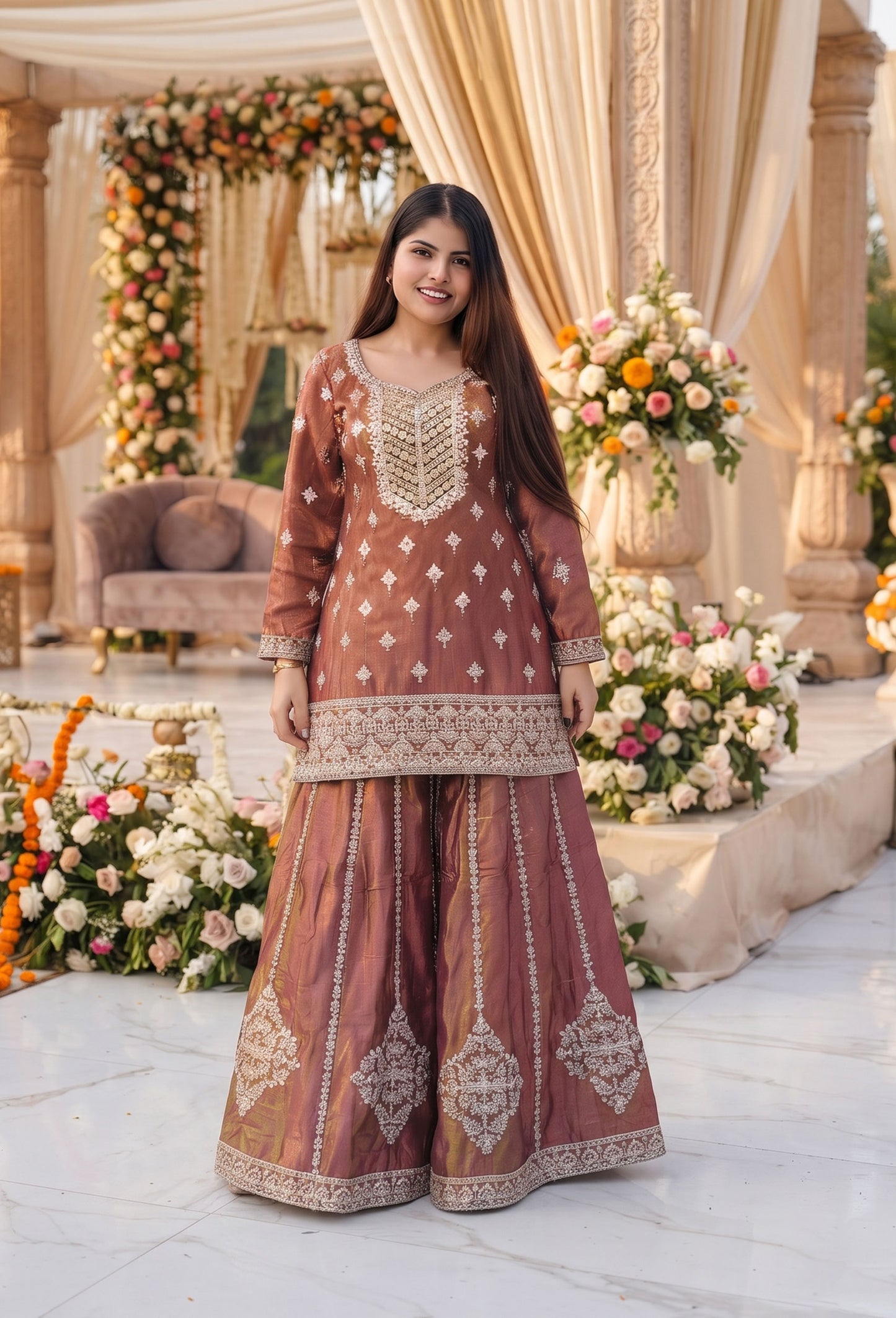 Pure Shimmer Tissue Heavy Embroidered Sharara Suit