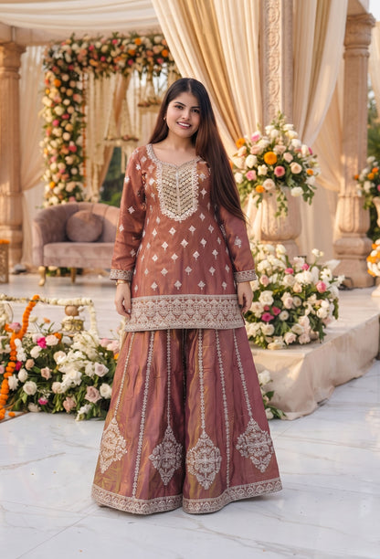Pure Shimmer Tissue Heavy Embroidered Sharara Suit