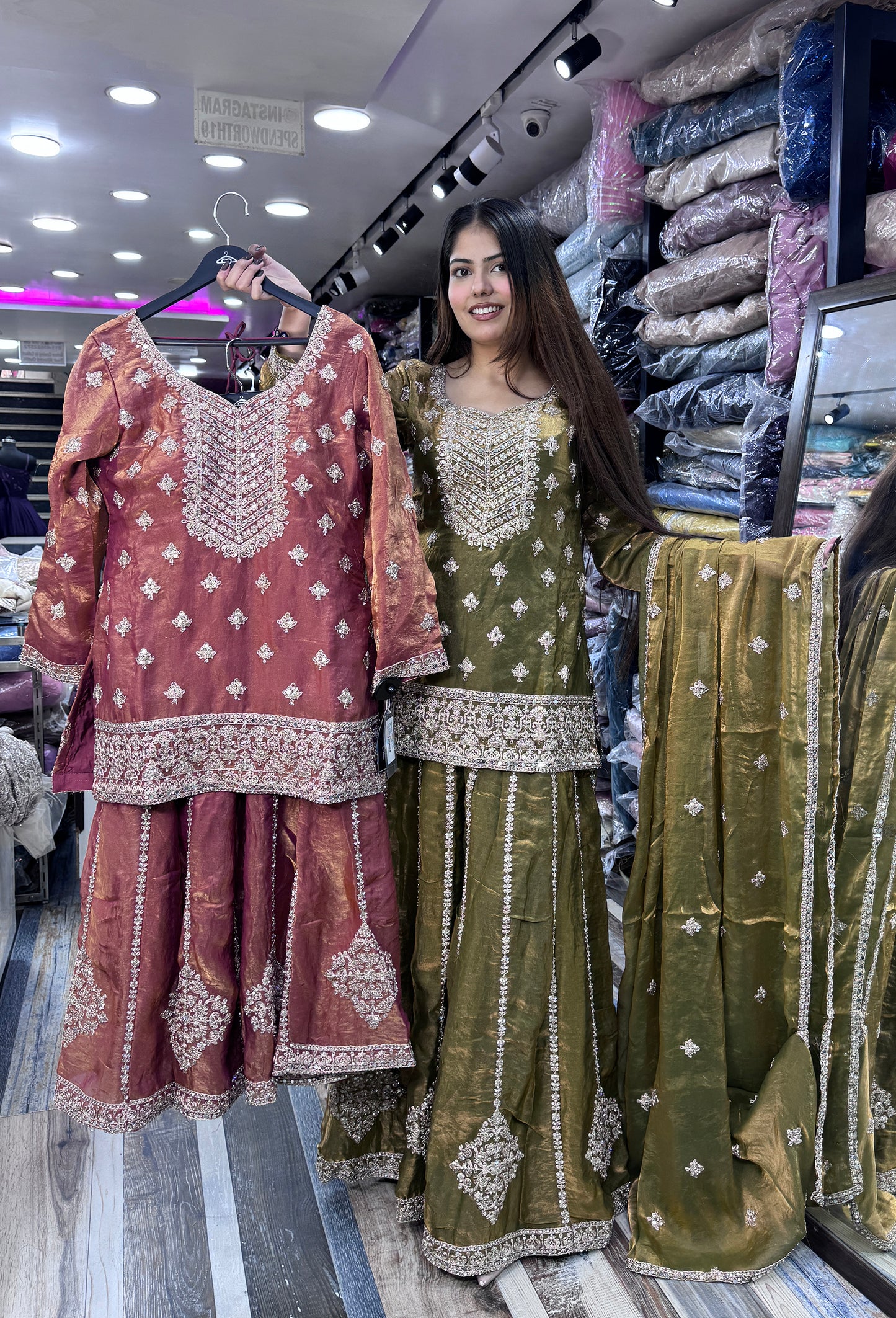 Pure Shimmer Tissue Heavy Embroidered Sharara Suit