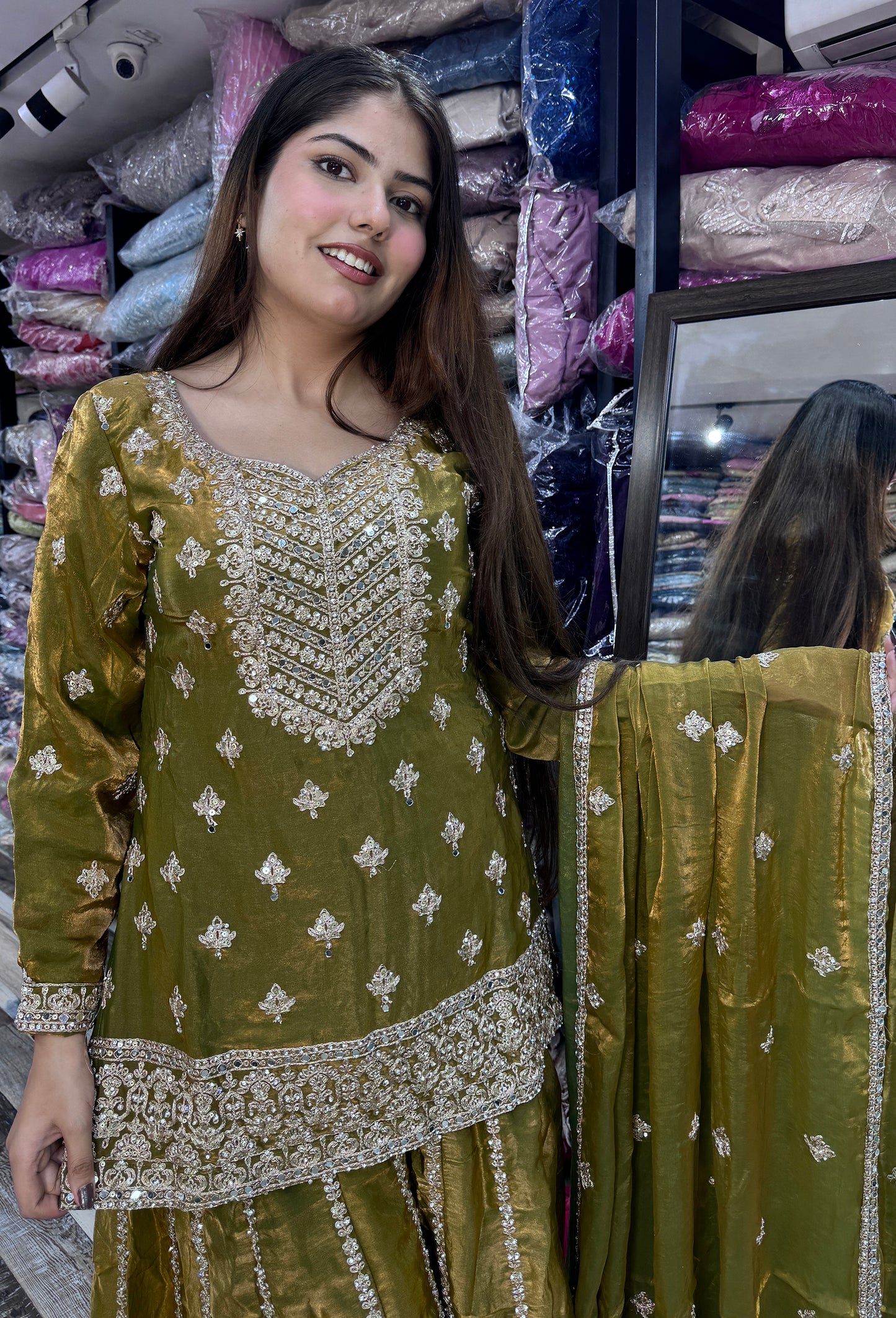 Pure Shimmer Tissue Heavy Embroidered Sharara Suit