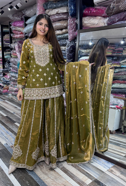 Pure Shimmer Tissue Heavy Embroidered Sharara Suit