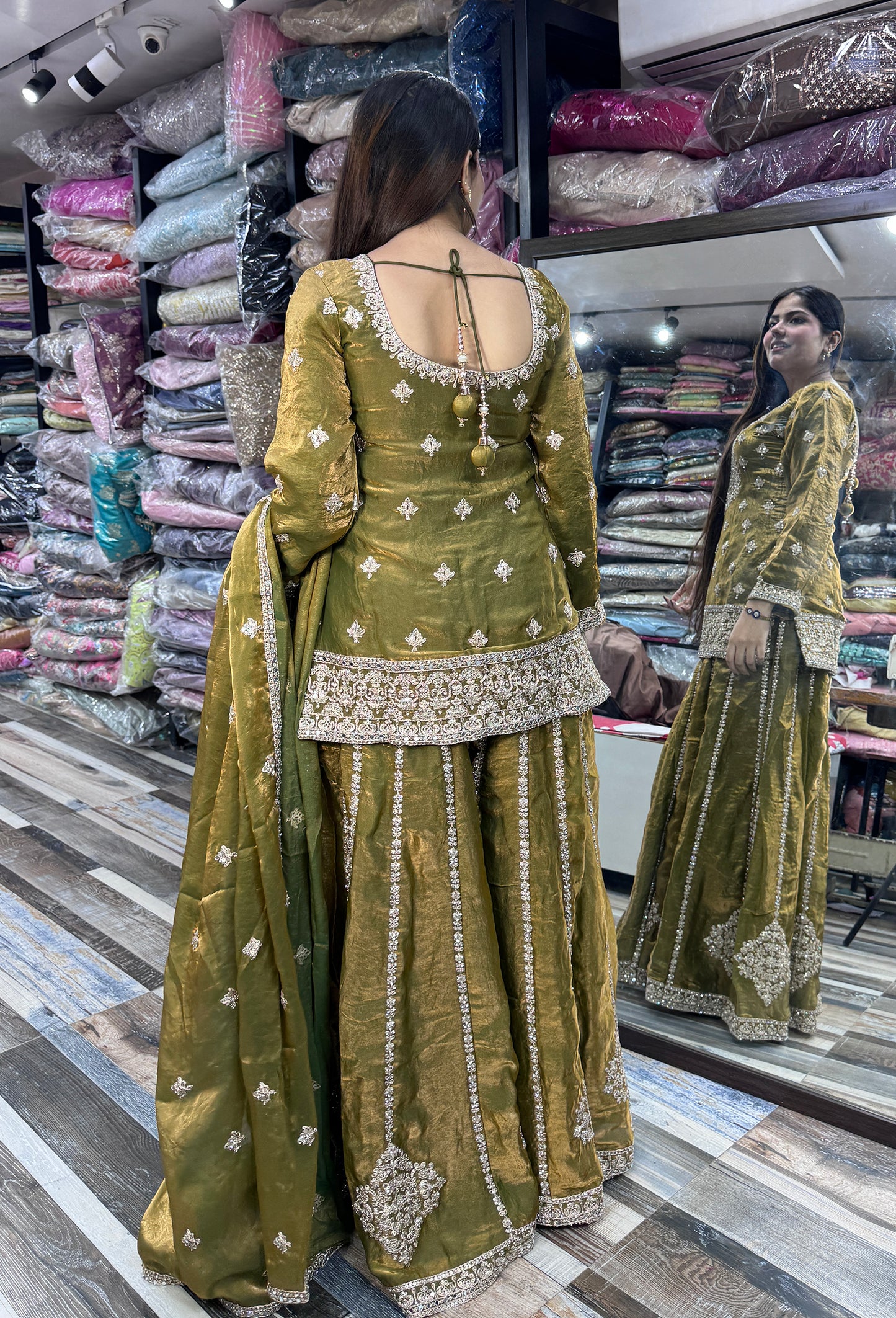 Pure Shimmer Tissue Heavy Embroidered Sharara Suit
