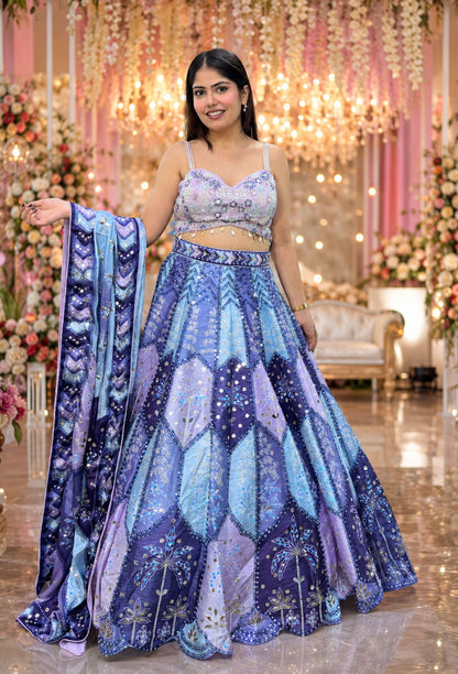 Multi-Embroidered Silk Lehenga with Digital Printed Dupatta