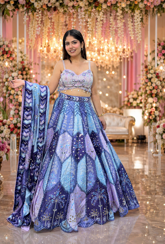 Multi-Embroidered Silk Lehenga with Digital Printed Dupatta
