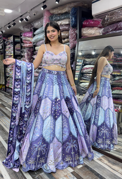 Multi-Embroidered Silk Lehenga with Digital Printed Dupatta