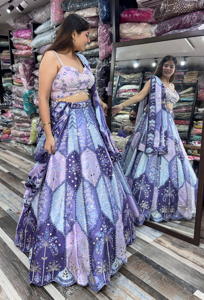 Multi-Embroidered Silk Lehenga with Digital Printed Dupatta