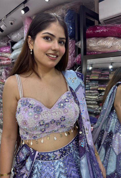 Multi-Embroidered Silk Lehenga with Digital Printed Dupatta