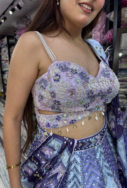 Multi-Embroidered Silk Lehenga with Digital Printed Dupatta