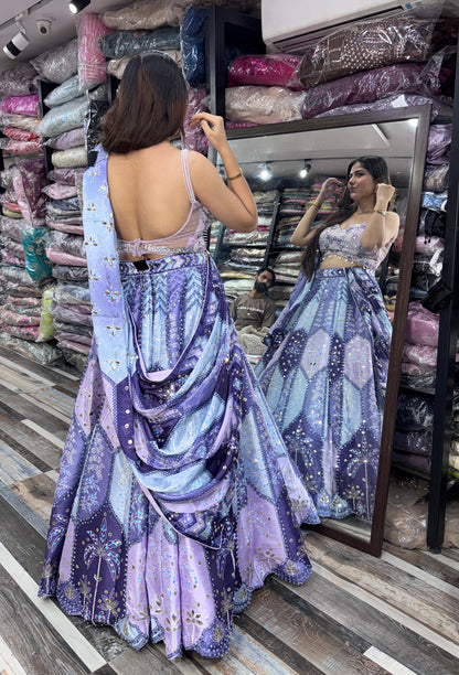 Multi-Embroidered Silk Lehenga with Digital Printed Dupatta