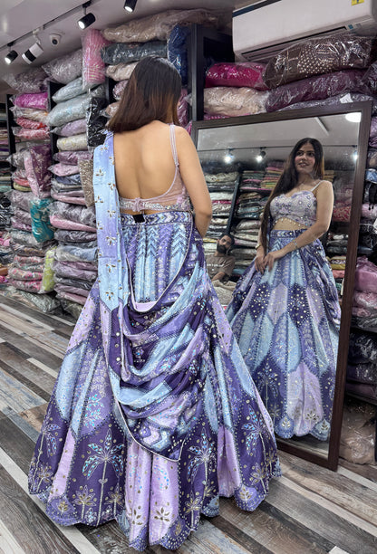 Multi-Embroidered Silk Lehenga with Digital Printed Dupatta