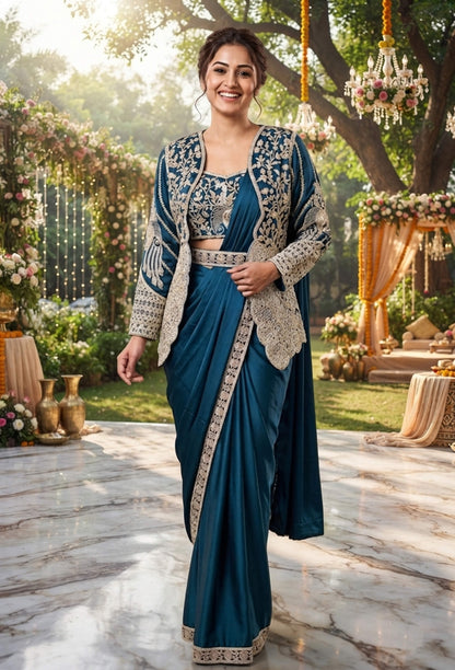 Ready-to-Wear Imported Lycra Drape Saree with Embroidered Jacket
