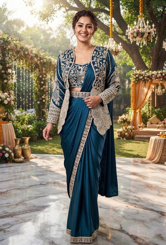 Ready-to-Wear Imported Lycra Drape Saree with Embroidered Jacket