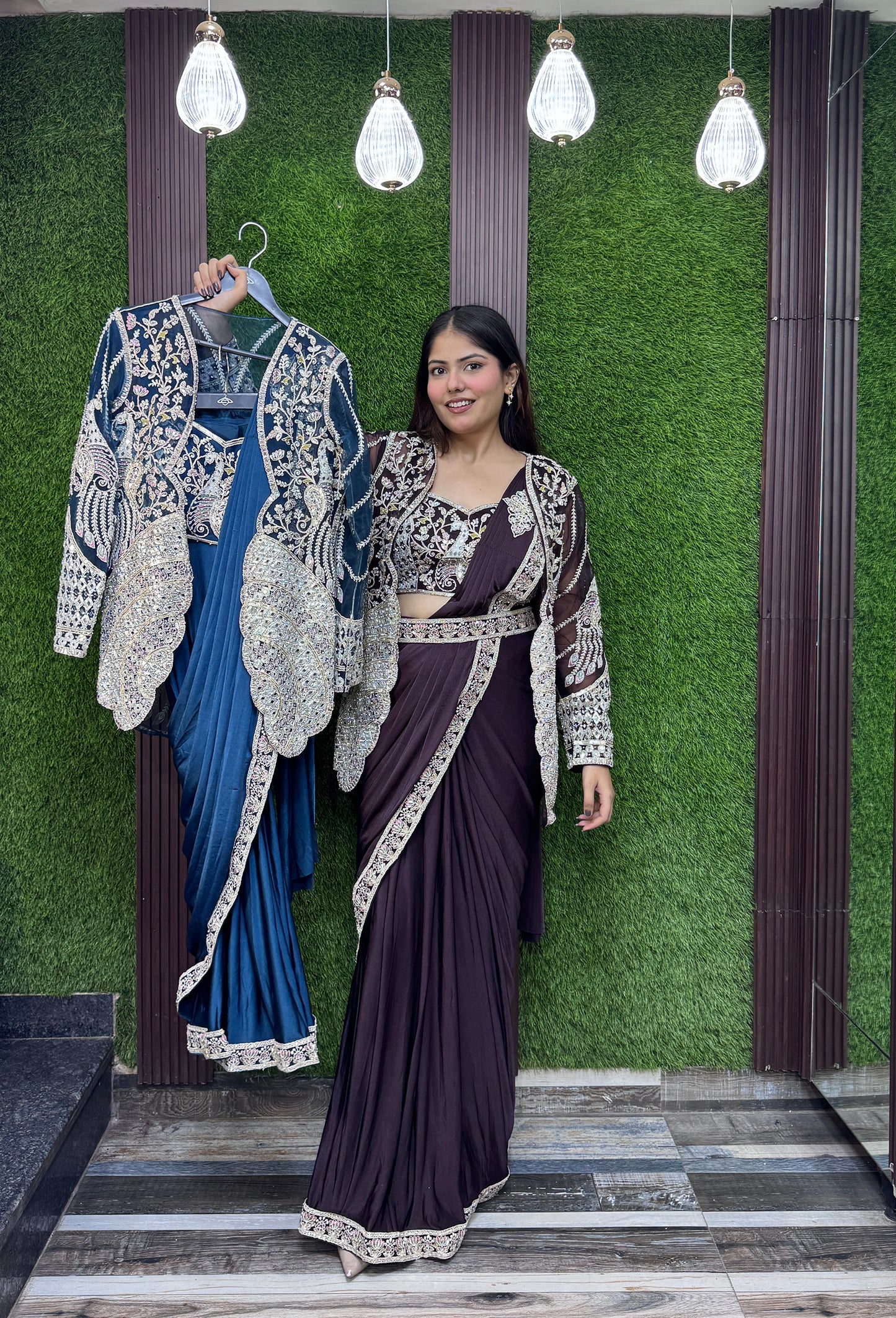 Ready-to-Wear Imported Lycra Drape Saree with Embroidered Jacket