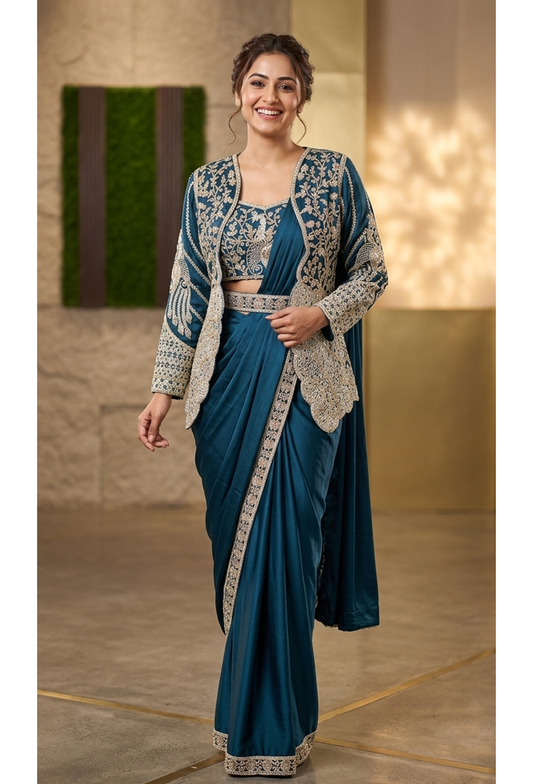 Ready-to-Wear Imported Lycra Drape Saree with Embroidered Jacket