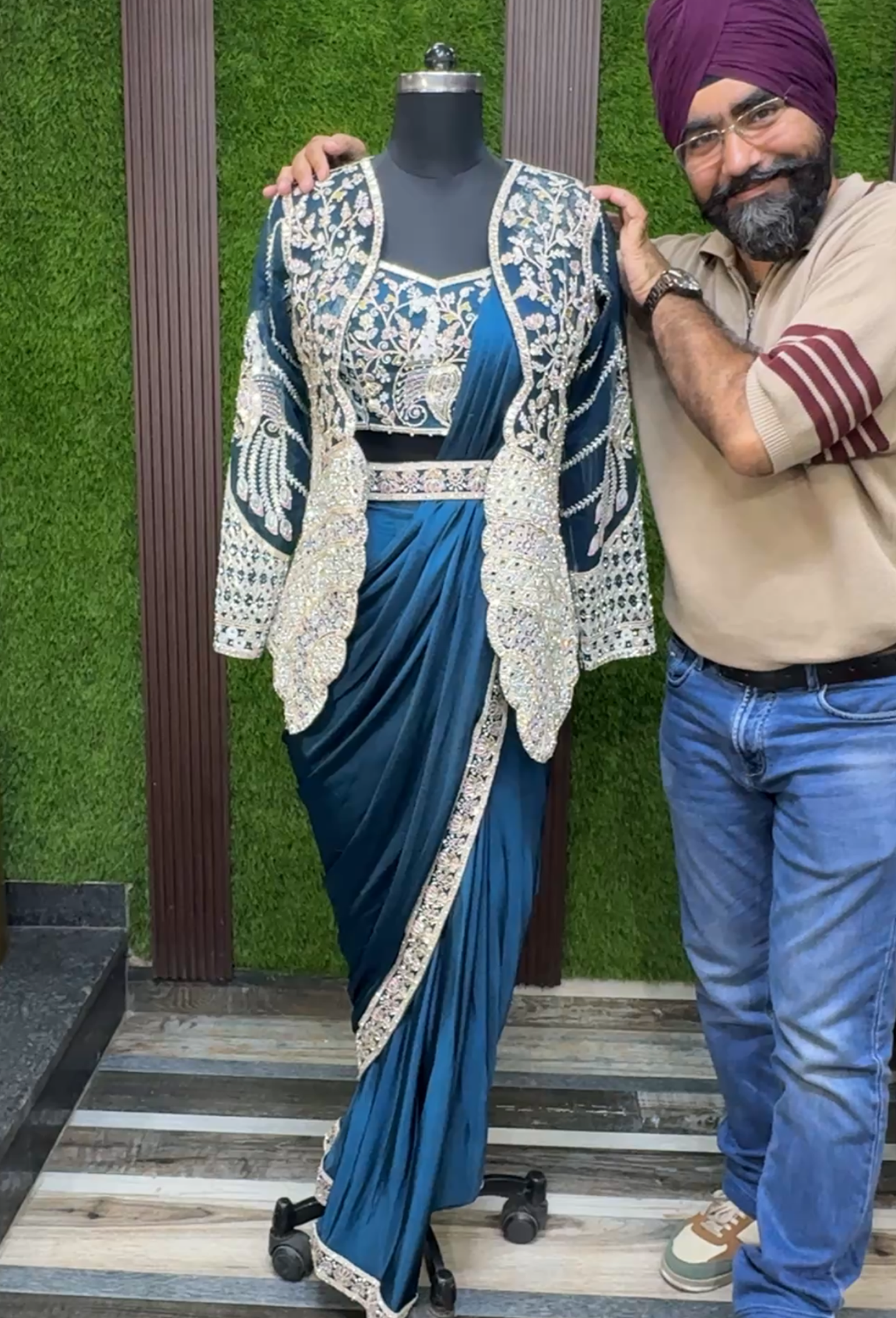 Ready-to-Wear Imported Lycra Drape Saree with Embroidered Jacket