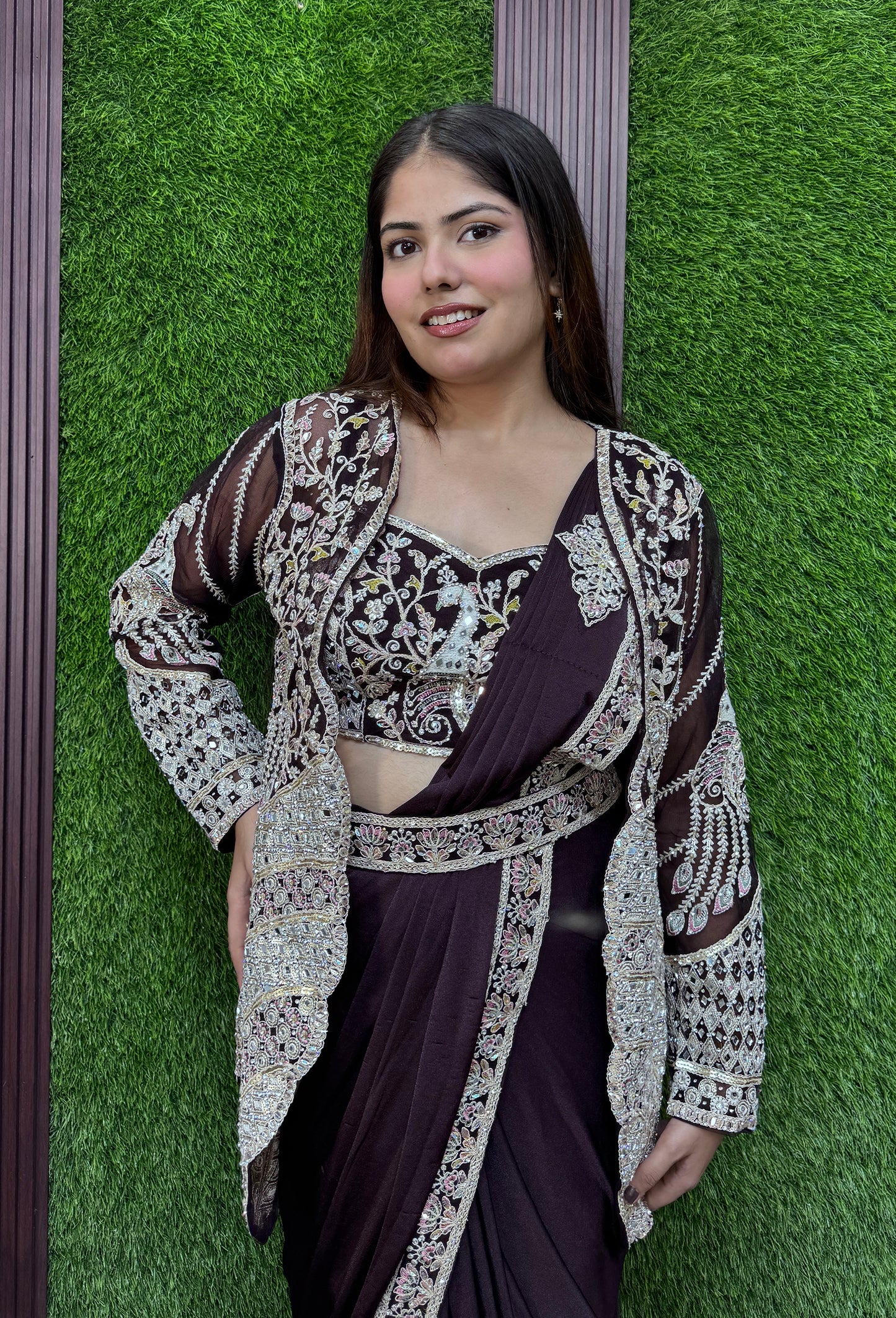 Ready-to-Wear Imported Lycra Drape Saree with Embroidered Jacket