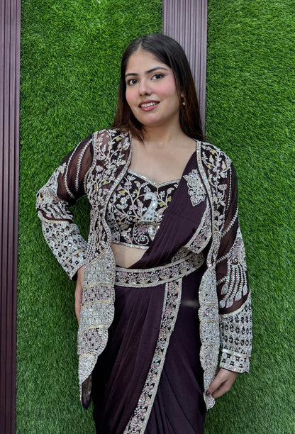 Ready-to-Wear Imported Lycra Drape Saree with Embroidered Jacket