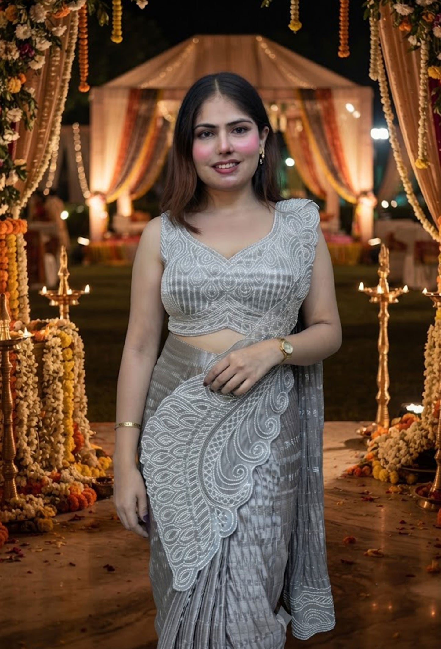 Ready-to-Wear Beautiful Shimmer Crinkled Drape Saree with Hand Embellished Blouse