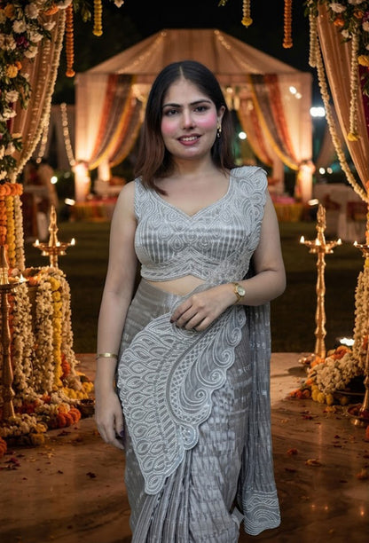 Ready-to-Wear Beautiful Shimmer Crinkled Drape Saree with Hand Embellished Blouse