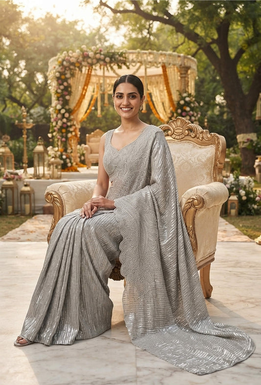 Ready-to-Wear Beautiful Shimmer Crinkled Drape Saree with Hand Embellished Blouse