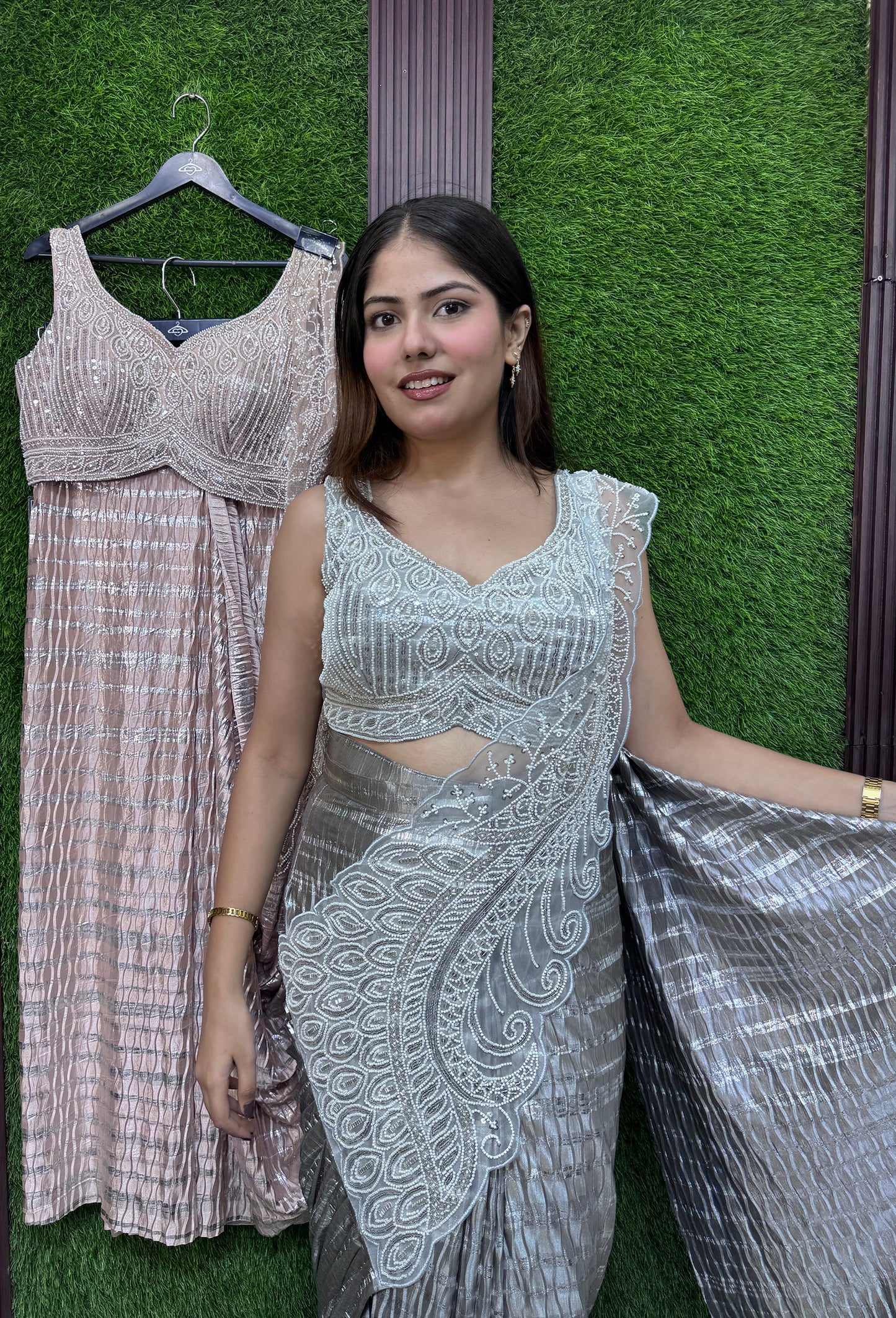 Ready-to-Wear Beautiful Shimmer Crinkled Drape Saree with Hand Embellished Blouse