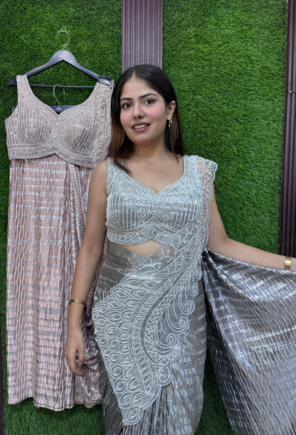 Ready-to-Wear Beautiful Shimmer Crinkled Drape Saree with Hand Embellished Blouse