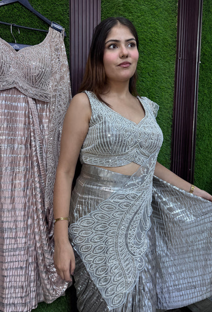 Ready-to-Wear Beautiful Shimmer Crinkled Drape Saree with Hand Embellished Blouse