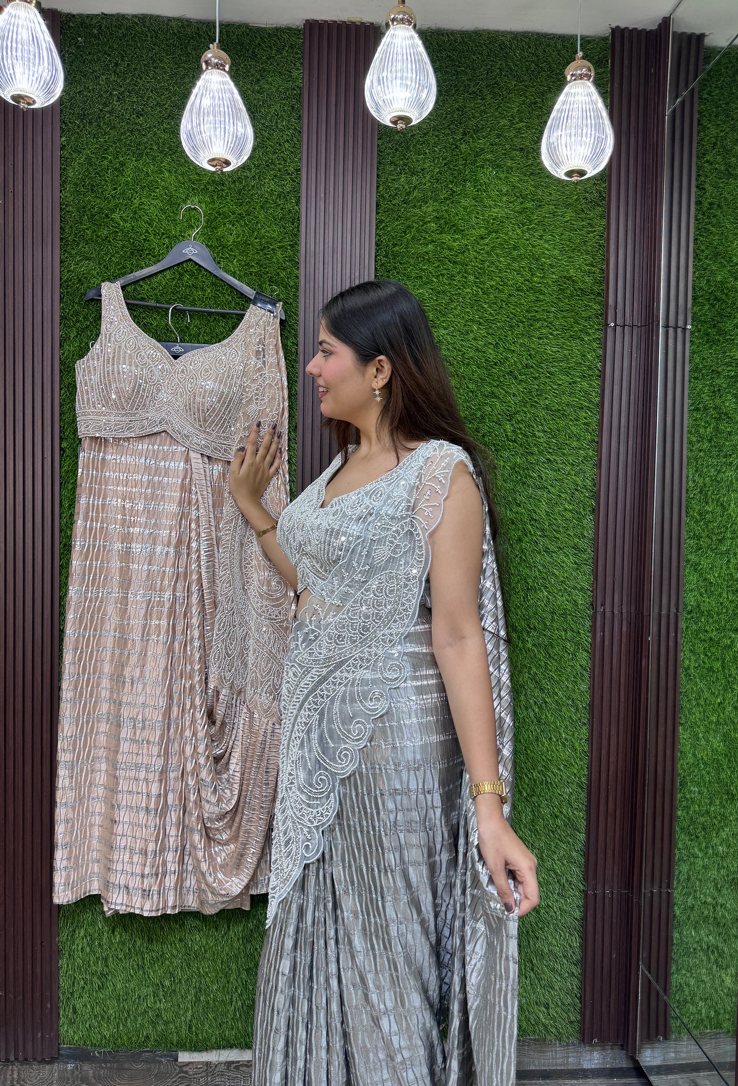 Ready-to-Wear Beautiful Shimmer Crinkled Drape Saree with Hand Embellished Blouse