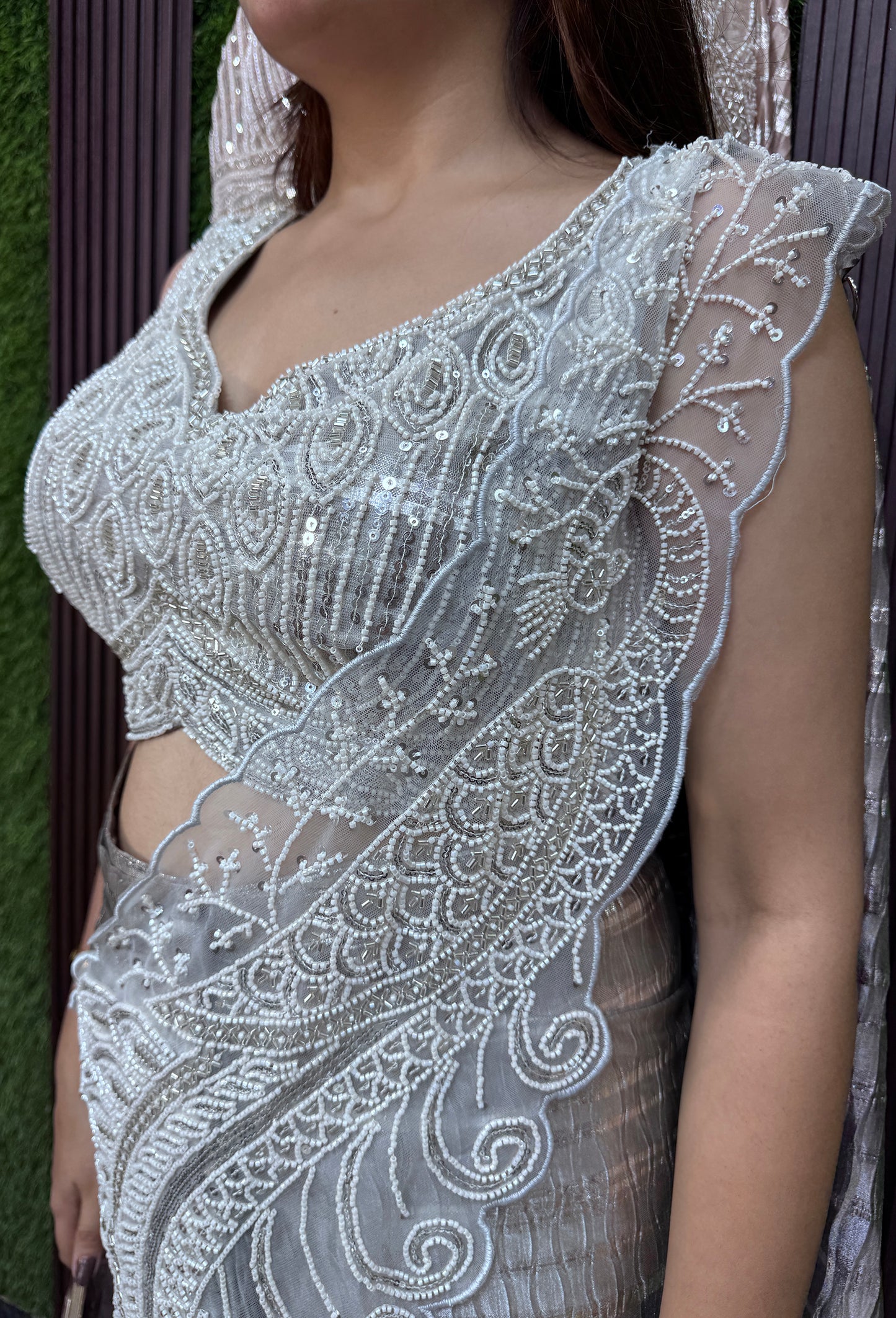 Ready-to-Wear Beautiful Shimmer Crinkled Drape Saree with Hand Embellished Blouse