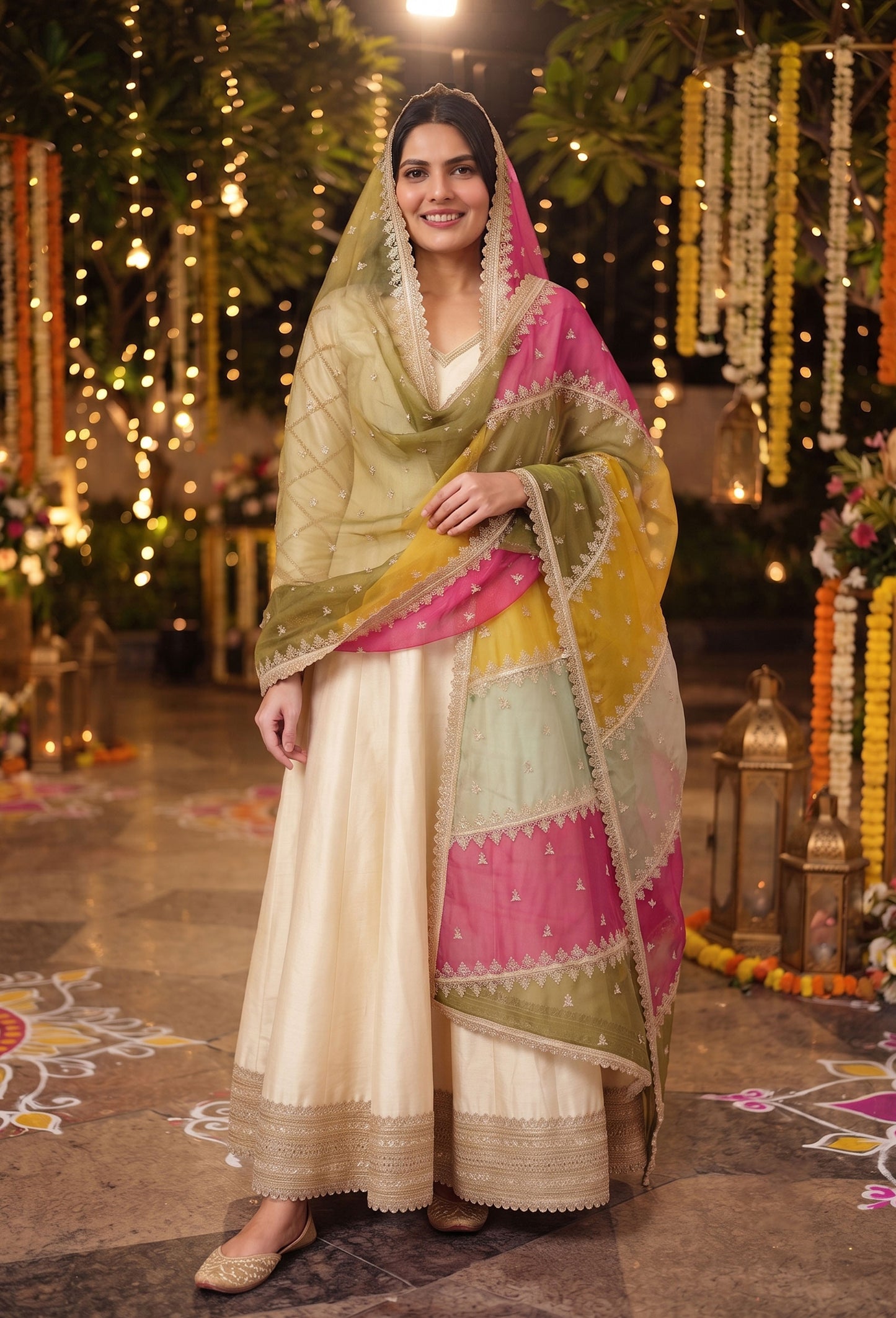 Pure Silk Full Flare Anarkali Dress with Embroidered Organza Dupatta