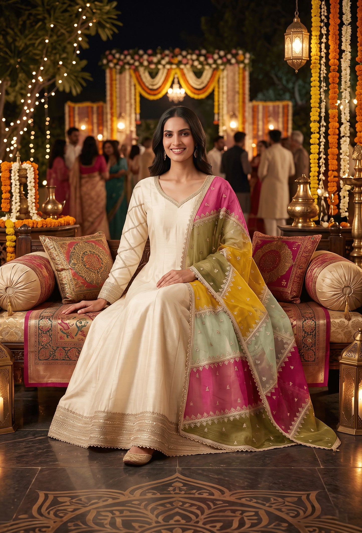 Pure Silk Full Flare Anarkali Dress with Embroidered Organza Dupatta