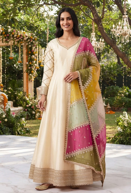 Pure Silk Full Flare Anarkali Dress with Embroidered Organza Dupatta