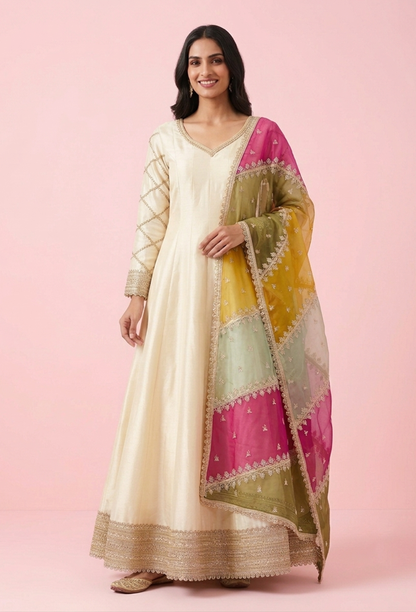 Pure Silk Full Flare Anarkali Dress with Embroidered Organza Dupatta