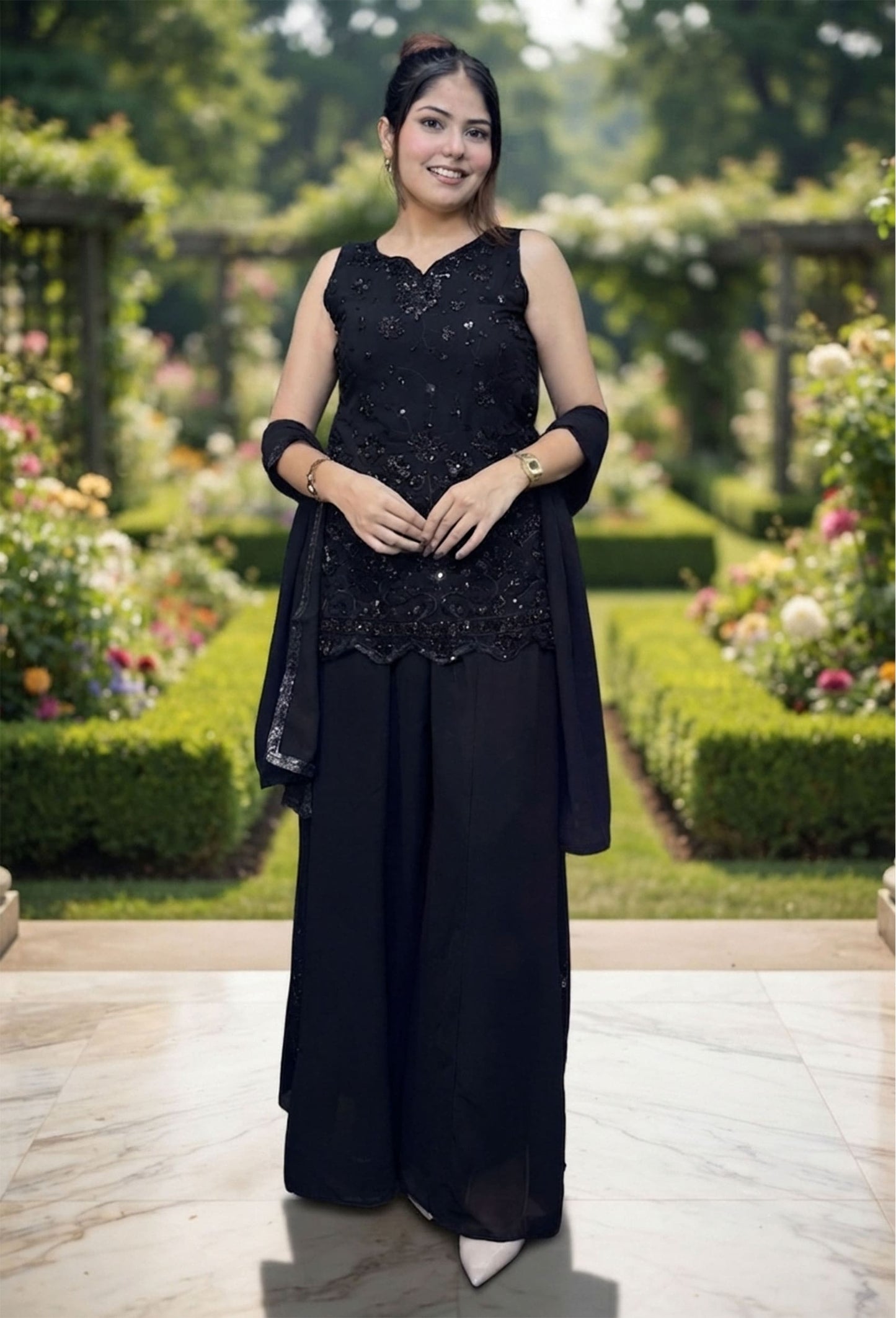 Chinnon Silk Peplum Sharara Suit with Bead Work Net Top & Choker Dupatta