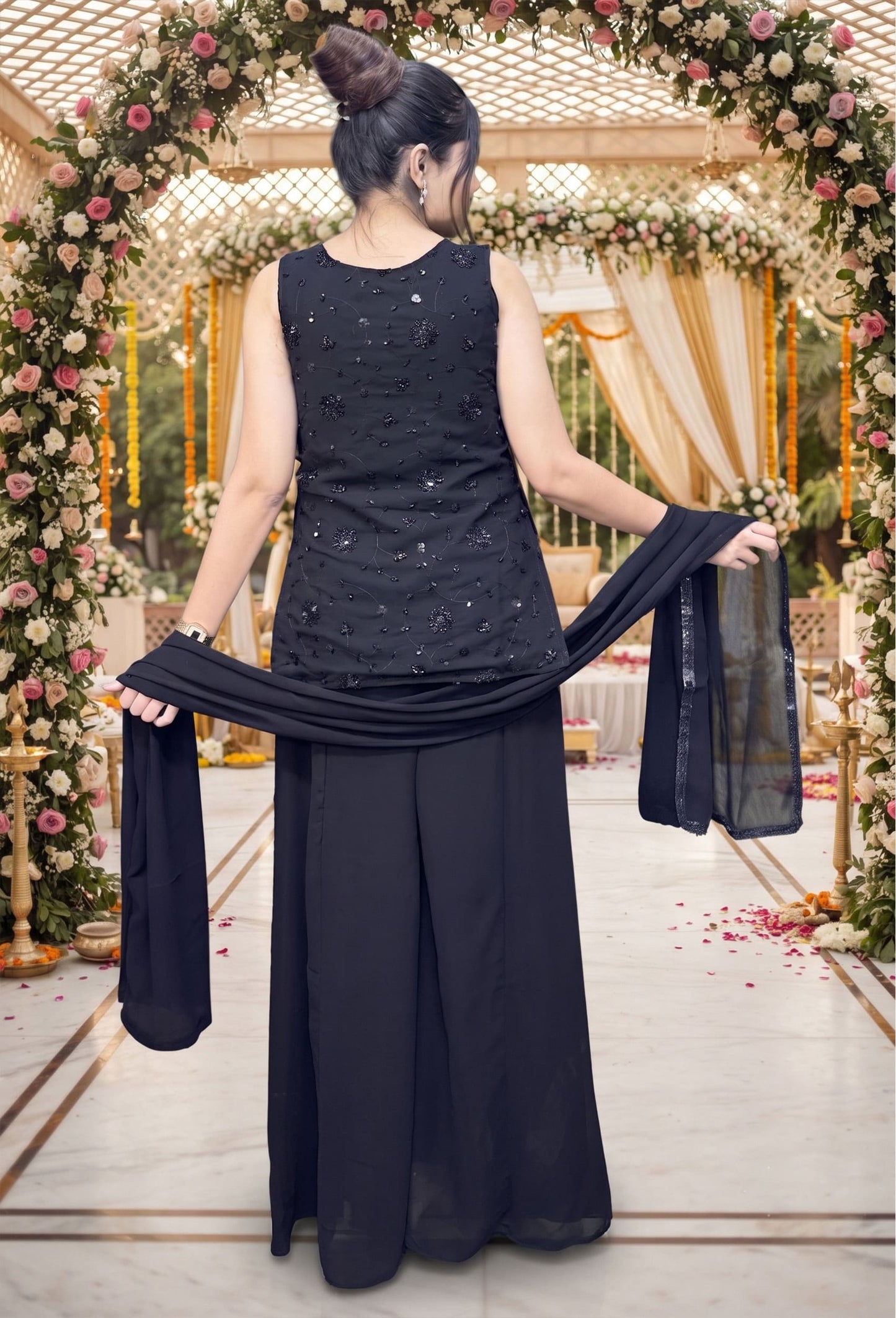 Chinnon Silk Peplum Sharara Suit with Bead Work Net Top & Choker Dupatta