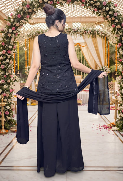 Chinnon Silk Peplum Sharara Suit with Bead Work Net Top & Choker Dupatta
